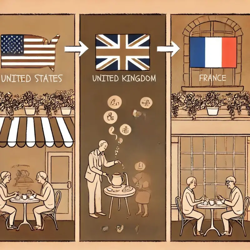 Here is the illustration representing social contributions in the United States, the United Kingdom, and France. The image is divided into three distinct sections, each depicting a unique setting corresponding to each country, with visual elements that highlight their approaches to social contributions. This whimsical, sepia-toned portrayal captures the cultural and systemic differences effectively.