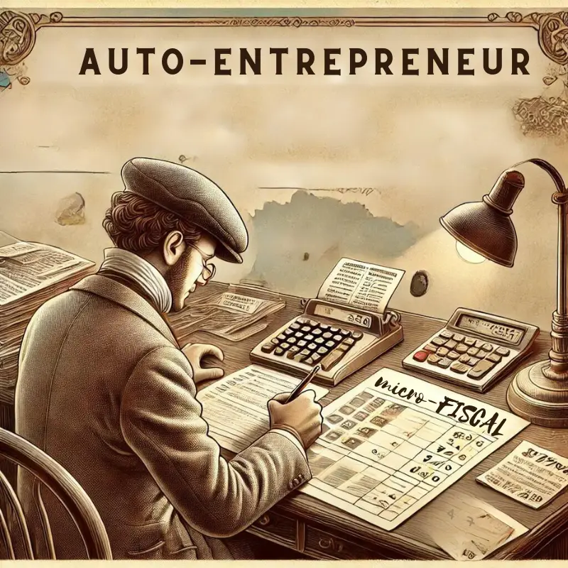 This sepia-toned illustration captures an auto-entrepreneur meticulously managing tax and social contributions. The scene is set at an antique desk strewn with financial documents highlighting 'Micro-Fiscal' and 'Micro-Social' rates. The entrepreneur, clad in a vintage outfit, calculates figures using an old-fashioned calculator, with a background map of France and its overseas territories subtly emphasizing the geographic variations in tax rates. This image combines historical charm with the complexities of modern entrepreneurship.