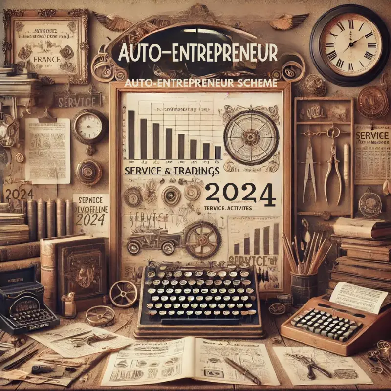 Understanding the sole proprietorship​ : Sepia-toned illustration depicting a bustling entrepreneurial scene with various business elements like a cash register, paperwork, and tools symbolizing the auto-entrepreneur scheme in France for 2024. Highlights include thresholds for service and trading activities, emphasizing the VAT exemption limits, tailored for a comprehensive understanding of the sole proprietorship regulations.