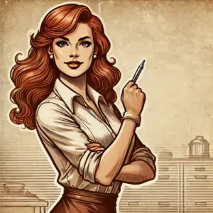 Illustration vintage d'une femme rousse, jeune et assurée, incarnant la confiance et la compétence dans son travail