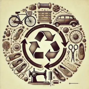 Illustration vintage symbolisant l'économie circulaire : recyclage, réutilisation et réparation en boucle pour une approche durable.