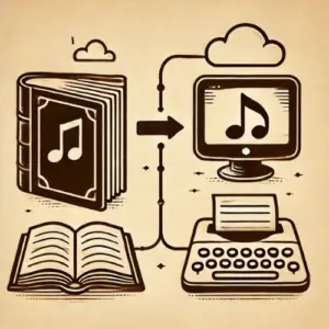 Principes éditoriaux -Illustration vintage montrant un livre relié visuellement à un écran de blog, symbolisant la continuité entre le livre et le blog pour l’information des auto-entrepreneurs.