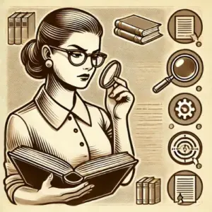 Illustration vintage d’une femme concentrée, en train de consulter des documents, symbolisant un engagement de précision et de rigueur dans la recherche pour le blog Je suis auto-entrepreneur. Principes éditoriaux