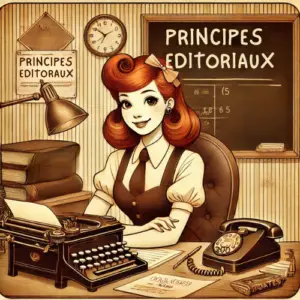 Illustration vintage montrant une jeune femme rousse à un bureau, entourée d’objets rétro comme une machine à écrire et un téléphone ancien, symbolisant les principes éditoriaux du blog Je suis auto-entrepreneur - Principes éditoriaux