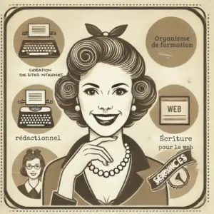 Illustration vintage d’une femme entourée d'icônes pour la création de sites, la formation, et la rédaction web, représentant les services pour entrepreneurs du blog Je suis auto-entrepreneur. Principes éditoriaux