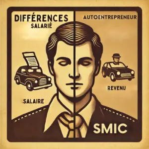 Illustration vintage montrant la différence entre un salarié touchant un SMIC et un auto-entrepreneur recevant un revenu, style années 70