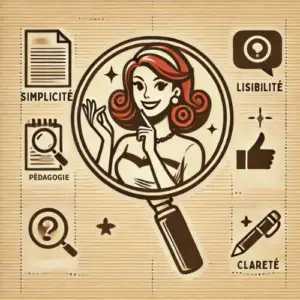 Illustration vintage d’une femme rousse avec une loupe, symbolisant un style rédactionnel ludique et rétro pour simplifier les sujets complexes dans le blog Je suis auto-entrepreneur. Principes éditoriaux