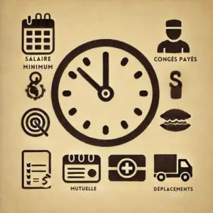 Illustration vintage représentant le tarif horaire minimum incluant les avantages sociaux d'un salarié, avec des icônes de congés payés, mutuelle, et tickets restaurant smic autoentrepreneur