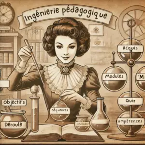 Illustration vintage d'une jeune femme en alchimiste dans un laboratoire, mélangeant des potions étiquetées 'objectifs', 'modules' et 'compétences', symbolisant la création d'ingénierie pédagogique.