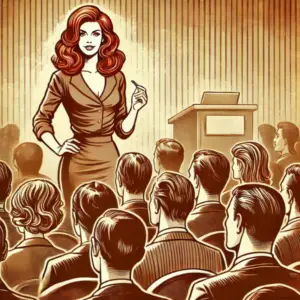 Illustration vintage d'une femme aux cheveux roux animant une conférence devant un public attentif, symbolisant l'énergie et l'engagement d'une présentation en direct.