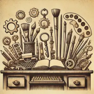 Illustration vintage d'un bureau avec des objets symbolisant divers talents (pinceau, clé, crayon), représentant l'ouverture à de nouvelles collaborations. - services site web