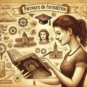 llustration vintage d'une jeune femme parcourant un carnet de voyage rempli de notes et de croquis, symbolisant son parcours et son expérience en tant que formatrice.