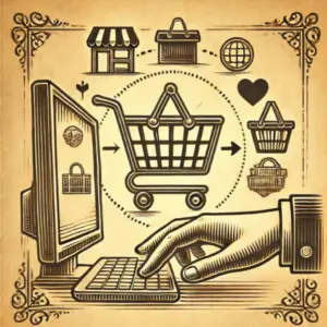 Illustration vintage d'un petit panier d'achat avec des symboles de commerce en ligne, représentant une boutique en ligne dans un style rétro - services site web