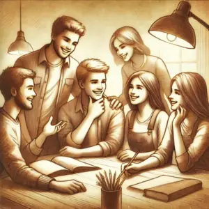 Illustration vintage d'un groupe d'étudiants heureux et collaboratifs, symbolisant un environnement d'apprentissage engageant et positif.
