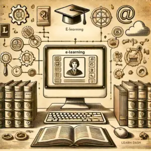 Illustration vintage symbolisant la formation en ligne, avec un écran d'ordinateur affichant du contenu éducatif et des éléments de cours, évoquant l'apprentissage structuré et engageant en e-learning - services site web