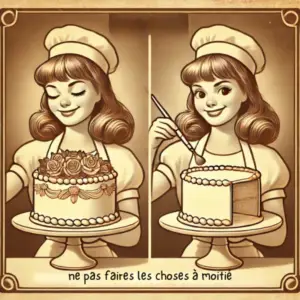 Illustration vintage d'un pâtissier créant un gâteau à moitié décoré, symbolisant que sans une rémunération juste, la qualité du travail peut être incomplète. services site web