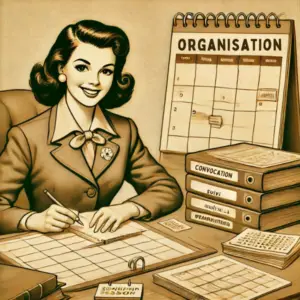 Illustration vintage d'une jeune femme bien organisée à son bureau, entourée de documents, calendrier et outils de planification, représentant la gestion et l'organisation de formations