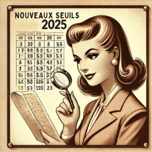 Femme vintage examinant avec précision les nouveaux seuils de franchise en base de TVA pour 2025, symbole de nouveauté et de rigueur.