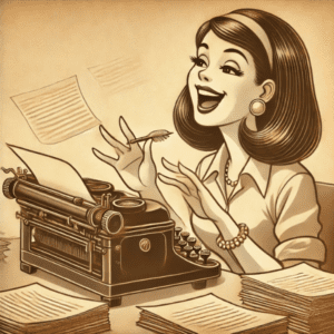 Illustration vintage d'une femme aux cheveux lisses utilisant une machine à écrire, représentant la rédaction de contenu web et général avec un style rétro et engageant services site web
