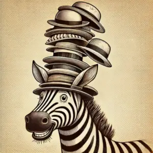 Illustration vintage d'un zèbre portant plusieurs casquettes, symbolisant l'indépendant aux multiples compétences et rôles. Style rétro et amusant en sepia, adapté pour illustrer la diversité des compétences dans un contexte professionnel. services site web