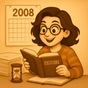 llustration sepia vintage de Frédérique lisant un livre d’histoire avec un calendrier 2008 et un sablier, symbolisant le retour dans le temps pour expliquer la création du régime autoentrepreneur