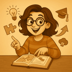 Illustration sepia vintage de Frédérique souriante expliquant son livre sous forme de modules ludiques avec des symboles de puzzle, ampoule et pédagogie.