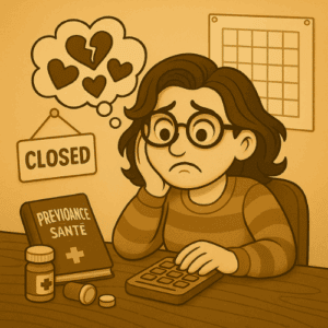 Illustration d’une indépendante inquiète face aux conséquences d’un arrêt sans prévoyance.