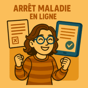 Illustration d’une femme réjouie devant un arrêt maladie validé en ligne, version 2025