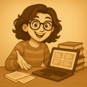 Illustration sepia vintage de Frédérique présentant un ordinateur ouvert, une pile de livres et des feuilles, symbolisant les articles et ressources autour de son livre