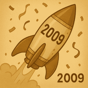 Illustration rétro d’une fusée vintage symbolisant le lancement fulgurant du régime auto-entrepreneur en 2009.