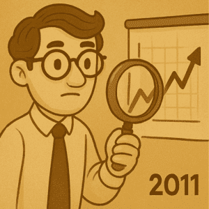 Illustration vintage d’un personnage analysant des chiffres pour illustrer les premiers ajustements prudents du régime auto-entrepreneur en 2011.