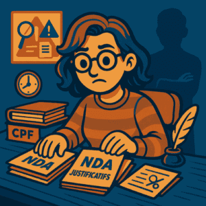 Illustration vintage avec avatar autoentrepreneur contrôlée sur son NDA CPF