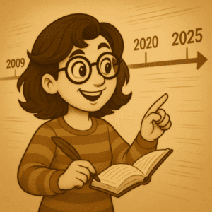 Illustration de Frédérique, souriante, pointant une frise chronologique qui commence en 2009, pour retracer l’histoire du régime de l’autoentrepreneur année après année.