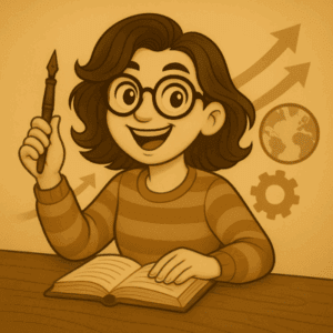 Illustration d’un avatar féminin souriant, plume levée et livre ouvert, symbolisant une réforme technique et une vision de société, dans un style vintage sépia. Création régime autoentrepreneur
