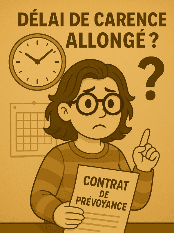 Illustration d’une femme perplexe face à un contrat de prévoyance et un délai allongé.