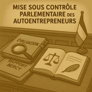 Illustration vintage d’un bureau ancien avec un rapport d’évaluation, une loupe et un livre ouvert montrant une balance de la justice, symbole du contrôle parlementaire des autoentrepreneurs.