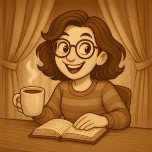 Illustration sepia vintage de Frédérique souriante et espiègle, assise à son bureau avec un livre ouvert, une tasse de thé et un rideau de théâtre en arrière-plan pour symboliser les coulisses de son livre.