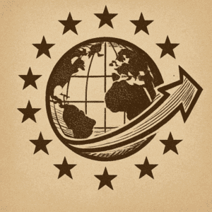 Illustration sepia d’un globe ancien entouré d’étoiles européennes et d’une flèche, pour l’Europe et la convergence réglementaire