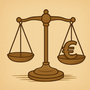 Illustration sepia vintage d’une balance rétro et d’un symbole euro pour évoquer la révolution fiscale et des cotisations adaptées.