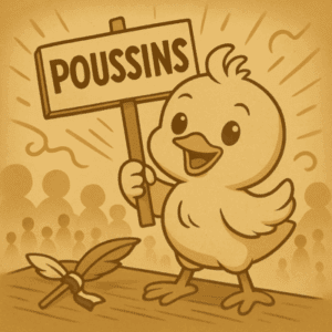 Illustration vintage d’un poussin géant, souriant, tenant une pancarte de manifestation dans un style rétro, symbole de la fronde des « Poussins » et de leur contestation du régime autoentrepreneur.