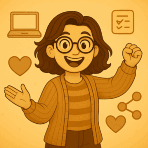 Illustration sepia de Frédérique debout, bras ouverts et souriante, entourée d’icônes d’ordinateur, check-list, cœur et réseau, symbolisant une vision inclusive du handicap invisible.