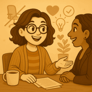 Illustration sepia de Frédérique discutant avec une autre personne autour d’une table, avec des icônes de cœur, ampoule et check, symbolisant l’inclusion au-delà du matériel