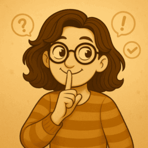 Illustration sepia de Frédérique posant un doigt sur ses lèvres, entourée d’icônes point d’interrogation et point d’exclamation, pour rappeler de ne pas supposer.