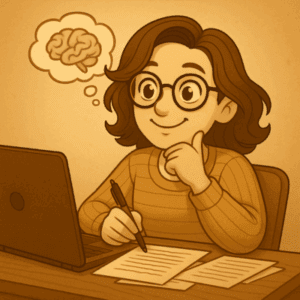 Illustration sepia de Frédérique posant un doigt sur ses lèvres, entourée d’icônes point d’interrogation et point d’exclamation, pour rappeler de ne pas supposer.