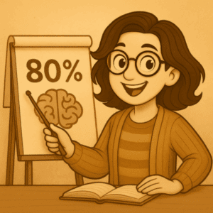 Illustration vintage de Frédérique présentant un tableau avec 80% et un cerveau, pour déconstruire les stéréotypes sur le handicap invisible.