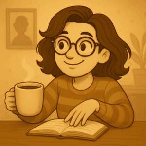 Illustration sepia de Frédérique avec une tasse de café, un carnet ouvert et une photo en arrière-plan, symbolisant les témoignages personnels et familiaux