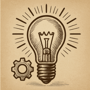 Illustration sepia d’une ampoule allumée avec un engrenage, représentant l’idéologie libérale et la méritocratie