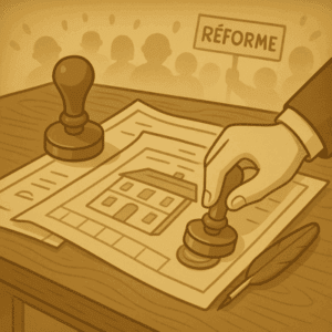 Illustration vintage en sépia montrant une main qui ajuste des engrenages symbolisant la réforme Pinel de 2015 et ses ajustements techniques, format carré