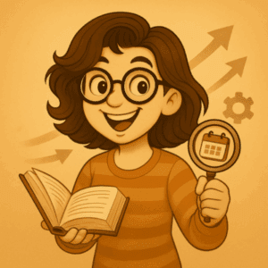 Illustration sepia vintage de Frédérique tenant un livre ouvert et une loupe avec calendrier, symbolisant la mise à jour vivante de son guide sur le régime autoentrepreneur.