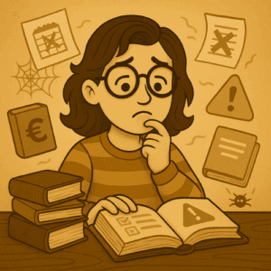Femme vintage déçue par des livres obsolètes sur la micro-entreprise